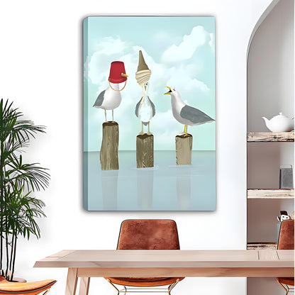 Quirky three seagulls coastal canvas wall art displayed in dining room — beach humor home decor