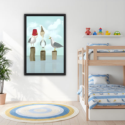 Three seagulls funny framed print in kids bedroom with bunk bed — playful coastal wall art