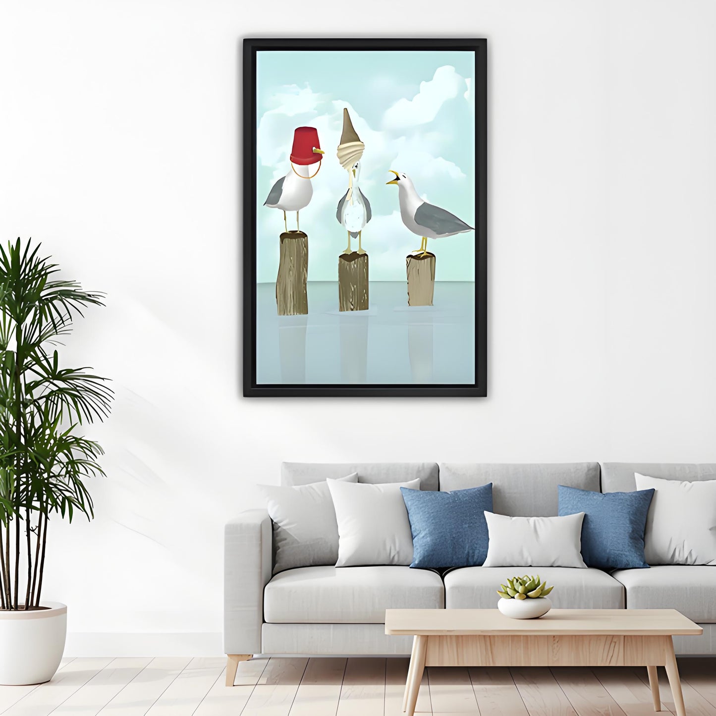 Funny Three Seagulls Coastal Framed Wall Art Print l2594