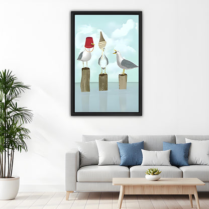 Funny Three Seagulls Coastal Framed Wall Art Print l2594