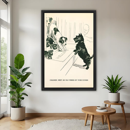 Framed vintage dog illustration wall art print hanging in a modern living room with green plants