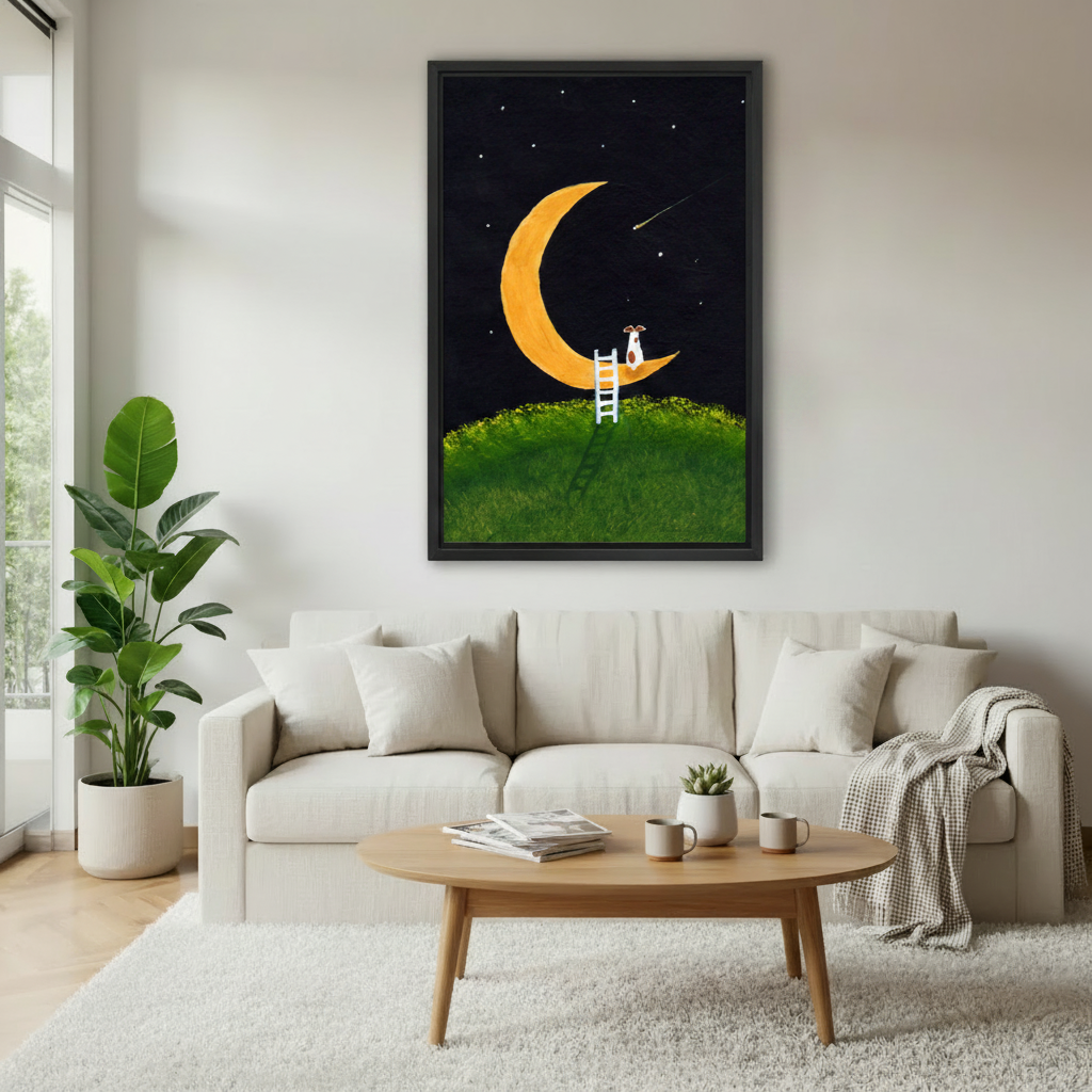 Whimsical dog on the moon framed canvas wall art displayed in a modern living room above a sofa, starry night sky print home decor