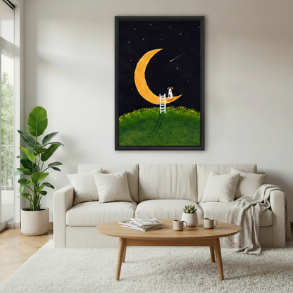 Whimsical dog on the moon framed canvas wall art displayed in a modern living room above a sofa, starry night sky print home decor