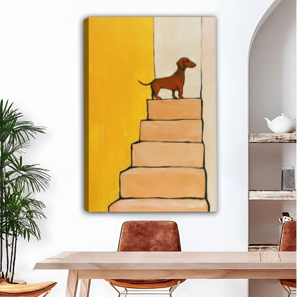 Charming dachshund dog climbing steps framed canvas print for living room