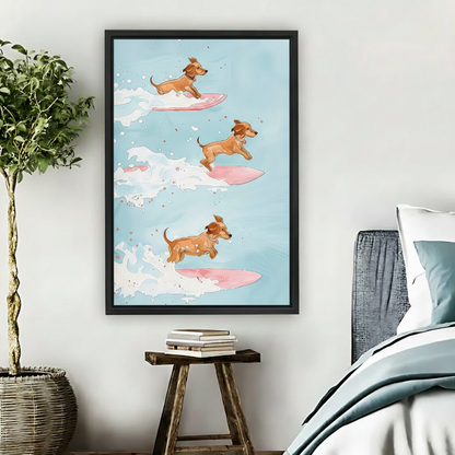 Surfing dachshund framed wall art print, three wiener dogs on pink surfboards, watercolor style, black frame, bedroom decor