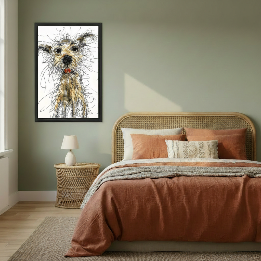 Gestural ink drawing of scruffy dog in black frame displayed above bedroom headboard