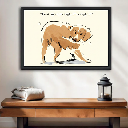 Funny dog chasing tail humorous sketch canvas wall art in black floater frame — witty pet print for living room decor