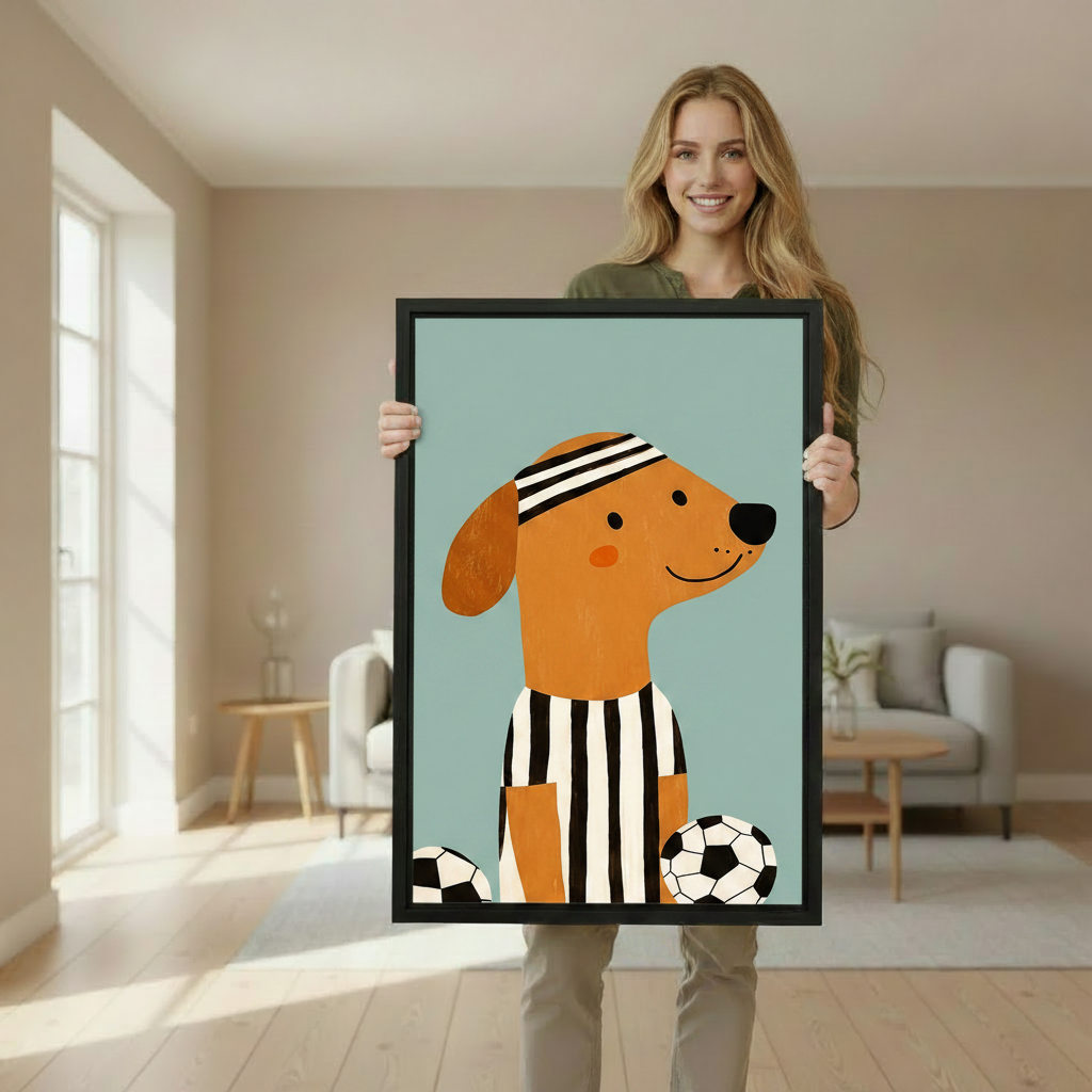 Woman holding cute soccer dog framed wall art print in bright Scandinavian living room