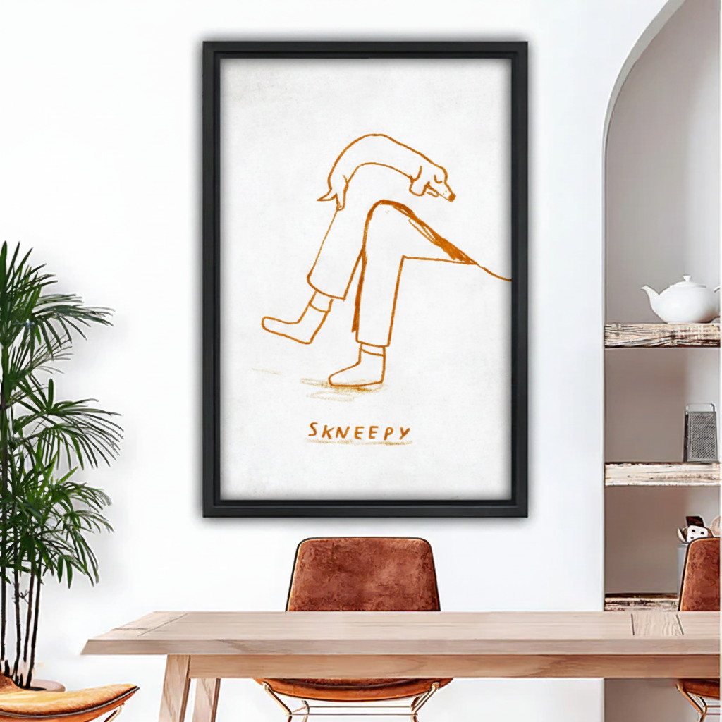 Skneepy minimalist dog line art framed canvas wall art held by woman, golden single-line illustration of dog on lap, elegant modern dog lover gift