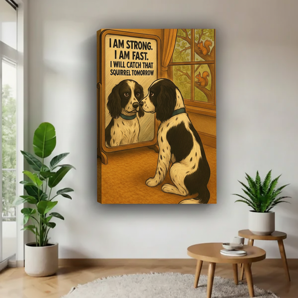 Humorous dog mirror motivational canvas art print — spaniel self-affirmation scene with squirrel, frameless gallery wrap for home office or entryway decor