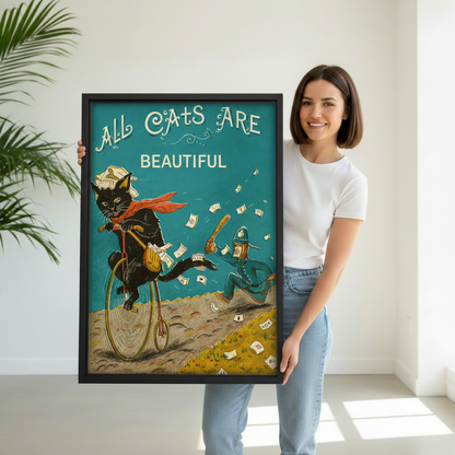Woman holding All Cats Are Beautiful retro black cat canvas wall art, funny vintage penny-farthing cat framed print gift