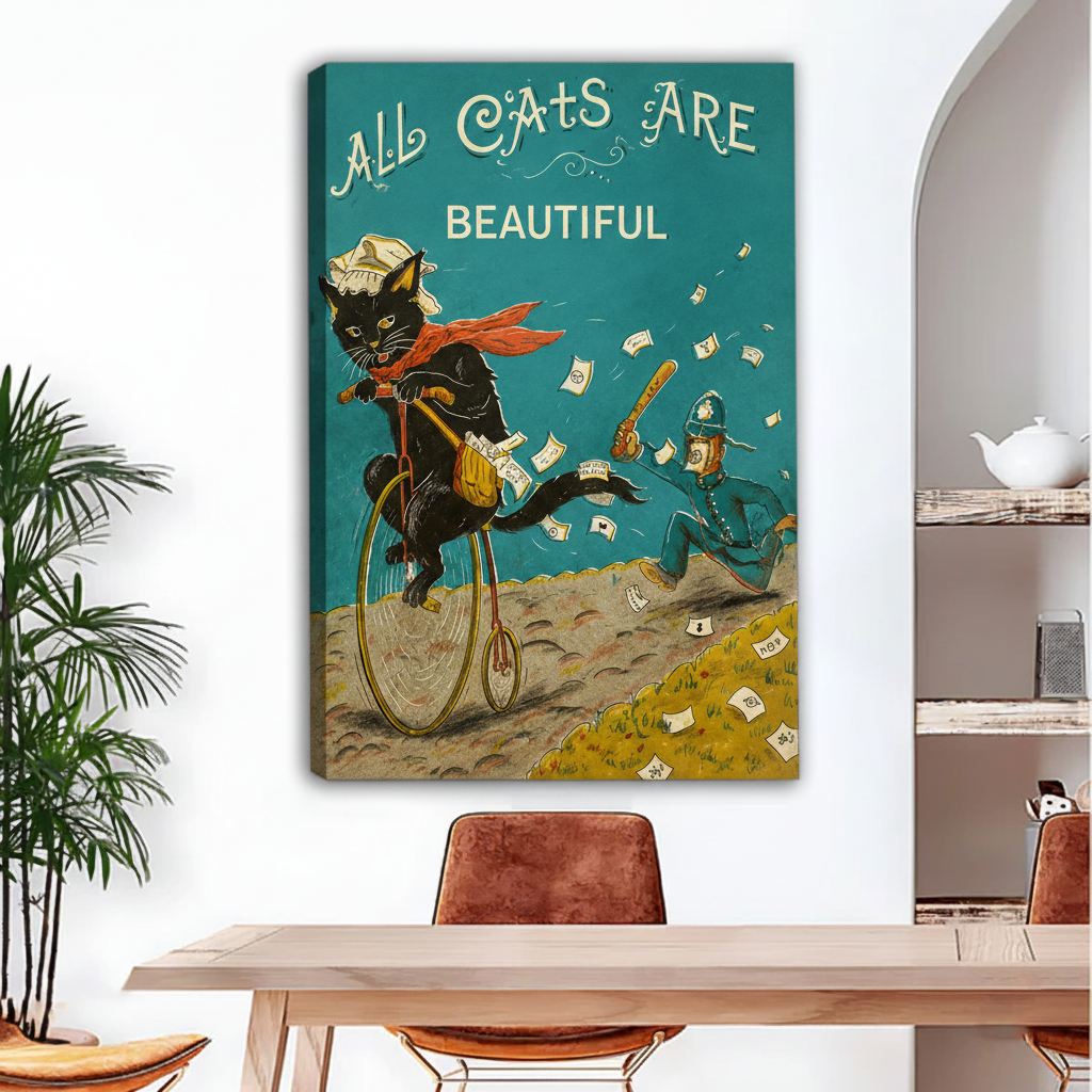 Retro funny black cat riding bicycle All Cats Are Beautiful gallery wrap canvas wall art no frame, vintage teal cat wall decor