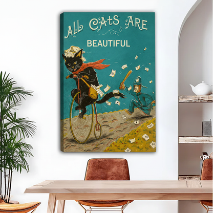 Retro funny black cat riding bicycle All Cats Are Beautiful gallery wrap canvas wall art no frame, vintage teal cat wall decor