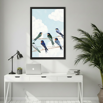 Colorful bird on wire framed wall art print in elegant home office with marble desk