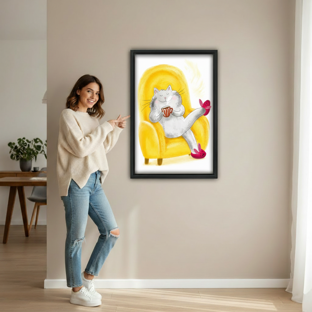 Cozy cat coffee yellow armchair cute wall art displayed in living room, charming cat home decor print
