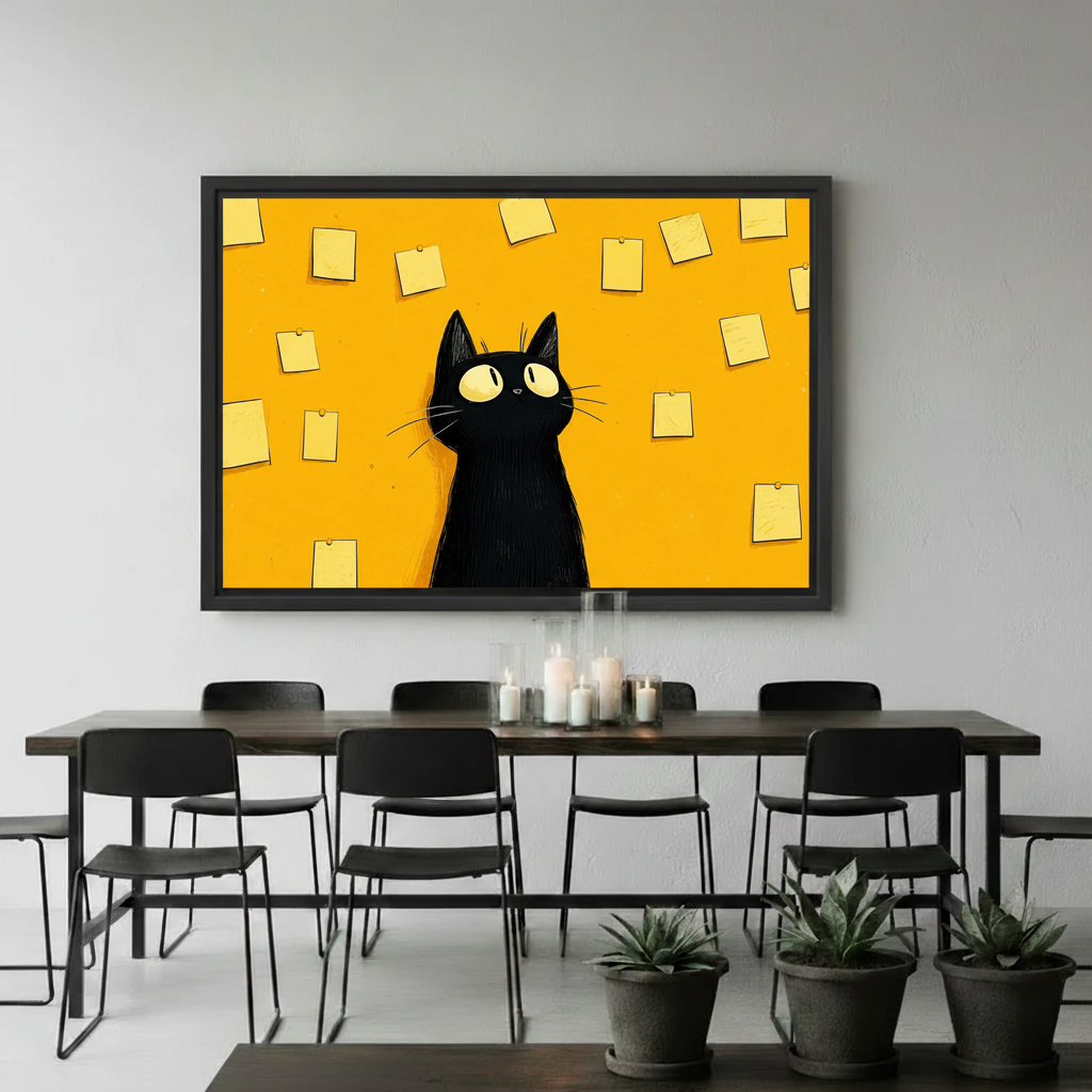 Quirky cat illustration canvas print in modern living room – yellow wall art
