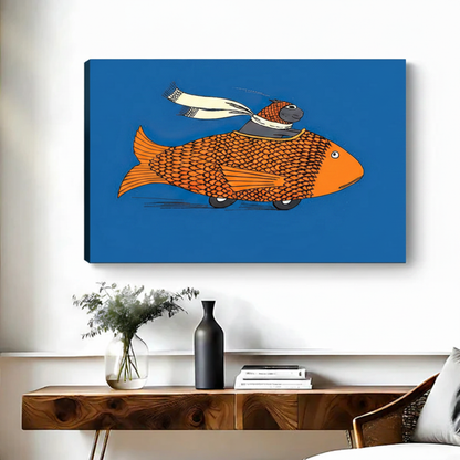 Whimsical cat goldfish car gallery wrap canvas print funny animal wall art