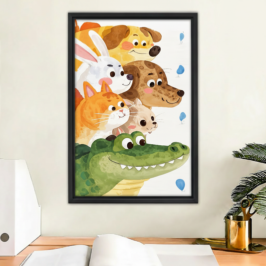 Framed cute animal wall art print featuring crocodile, bunny, dogs and cat stacked together, black frame, nursery decor