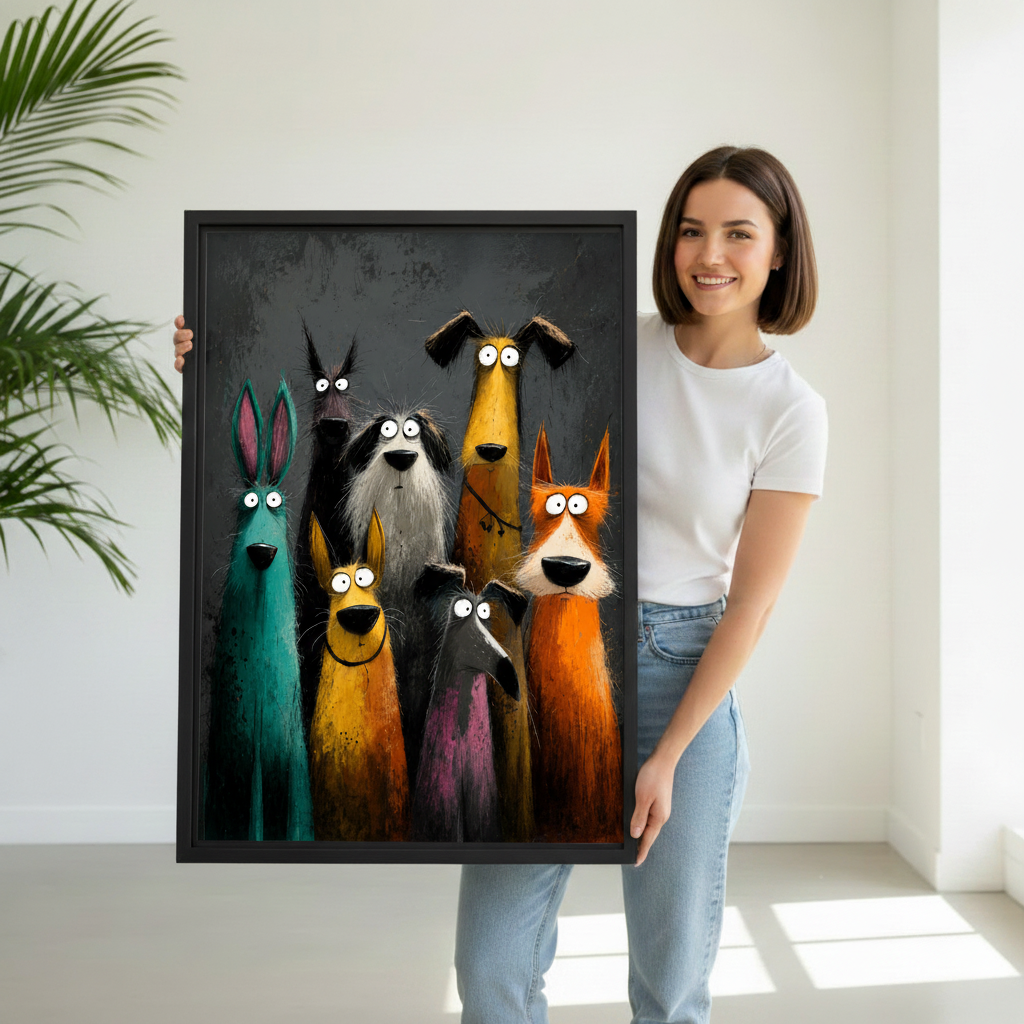 Bold colorful cartoon animal wall art in black frame 