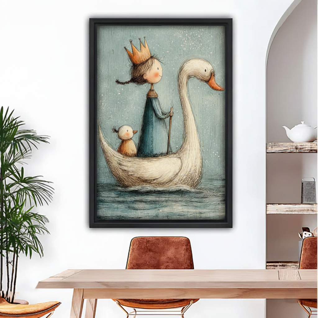 Framed fairy tale print of a crown-wearing girl and duckling sailing on a white swan, in a black float frame, hung in a modern dining space