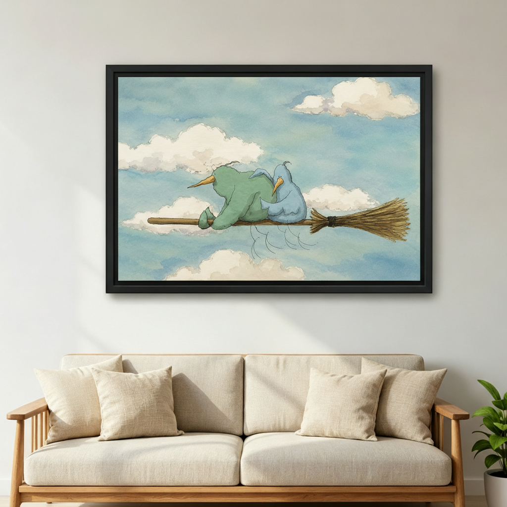 Fantasy watercolor birds riding broomstick canvas wall art in home decor setting, charming whimsical print for any room