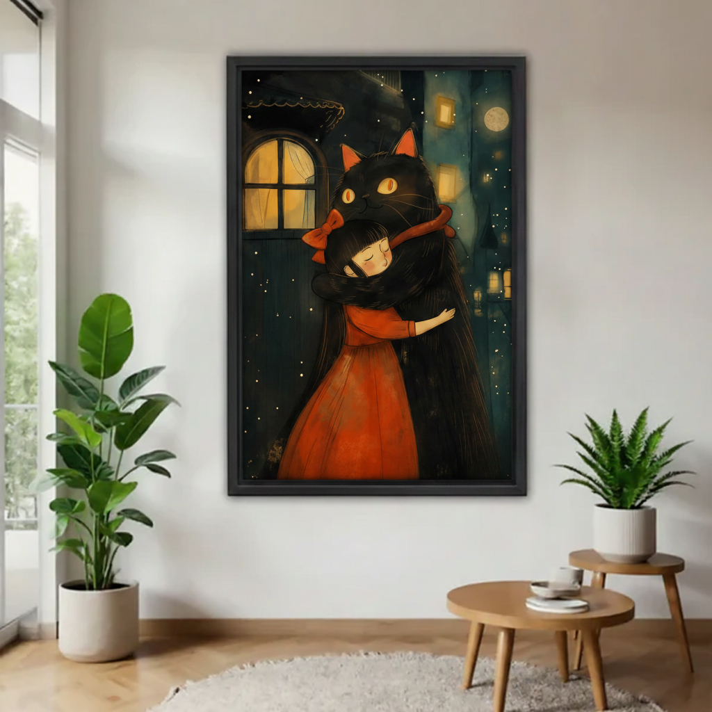 Fantasy black cat and girl hug framed canvas wall art – whimsical storybook night scene bedroom decor