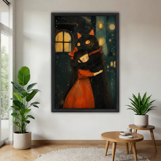 Fantasy black cat and girl hug framed canvas wall art – whimsical storybook night scene bedroom decor