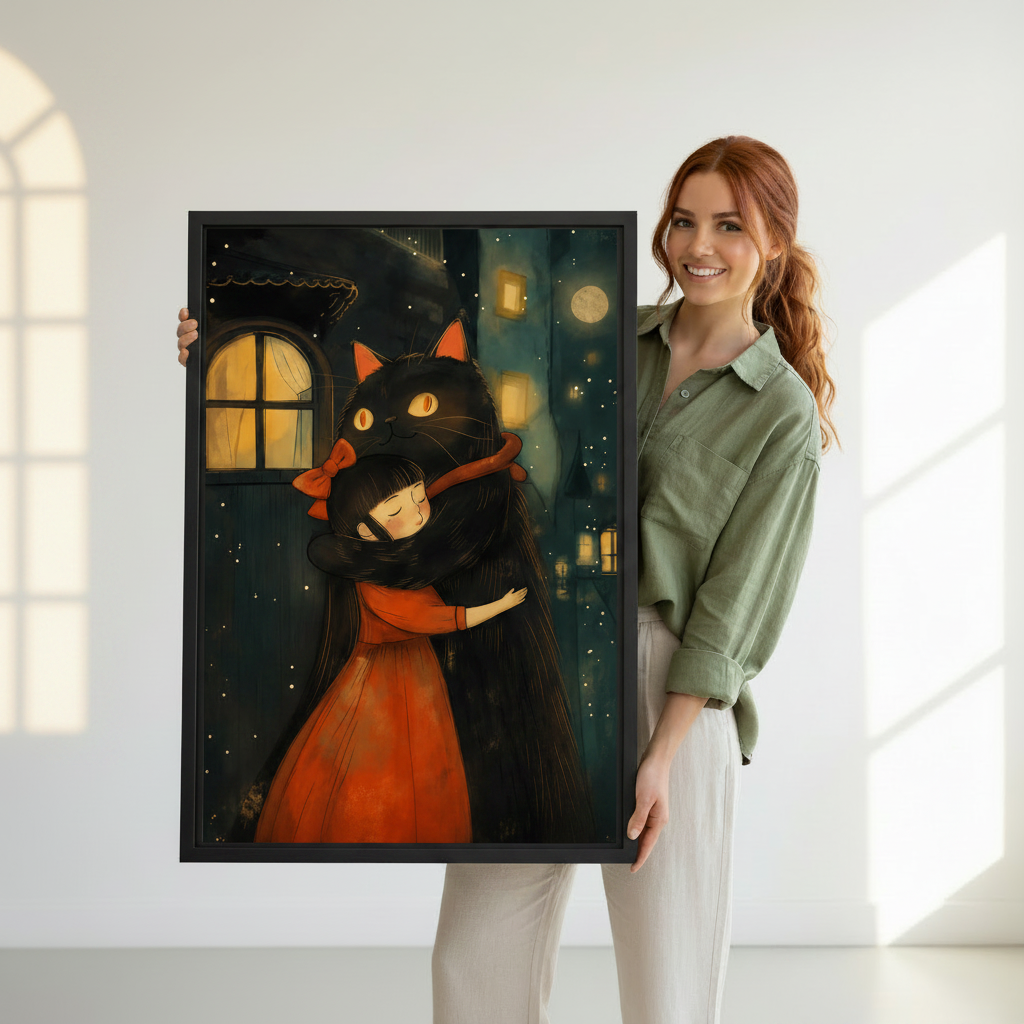 Woman holding fantasy black cat and girl canvas wall art – framed storybook illustration art print