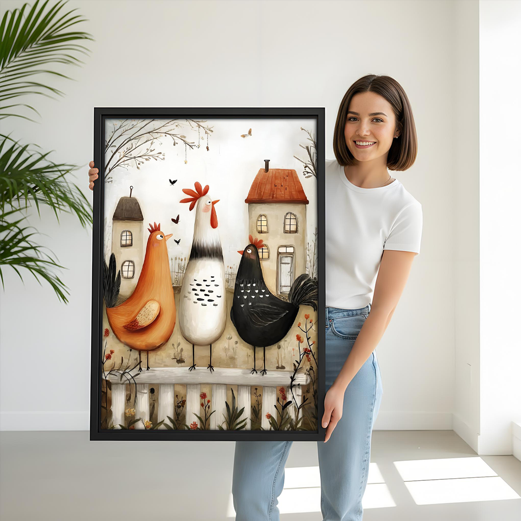 Woman holding large framed farmhouse chicken wall art print showing size reference