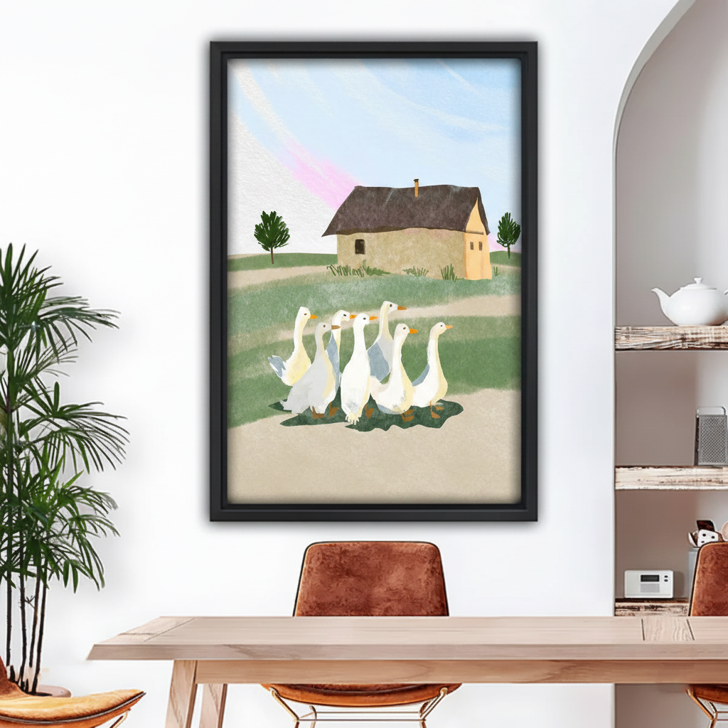 Black framed whimsical farmhouse geese canvas wall art hanging in a bright dining room with arched doorway