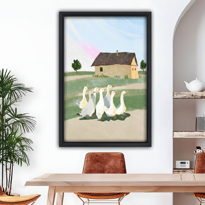 Black framed whimsical farmhouse geese canvas wall art hanging in a bright dining room with arched doorway