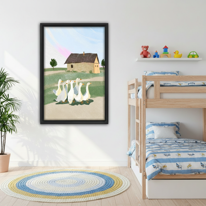 Painterly farmhouse geese canvas wall art in black frame hanging in a bright children's bedroom