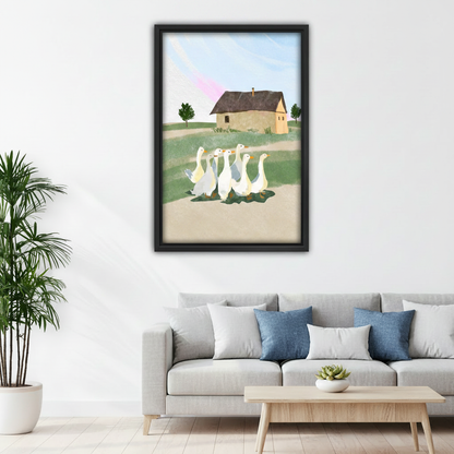 Whimsical farmhouse geese framed canvas print displayed above a gray sofa in a Scandinavian living room