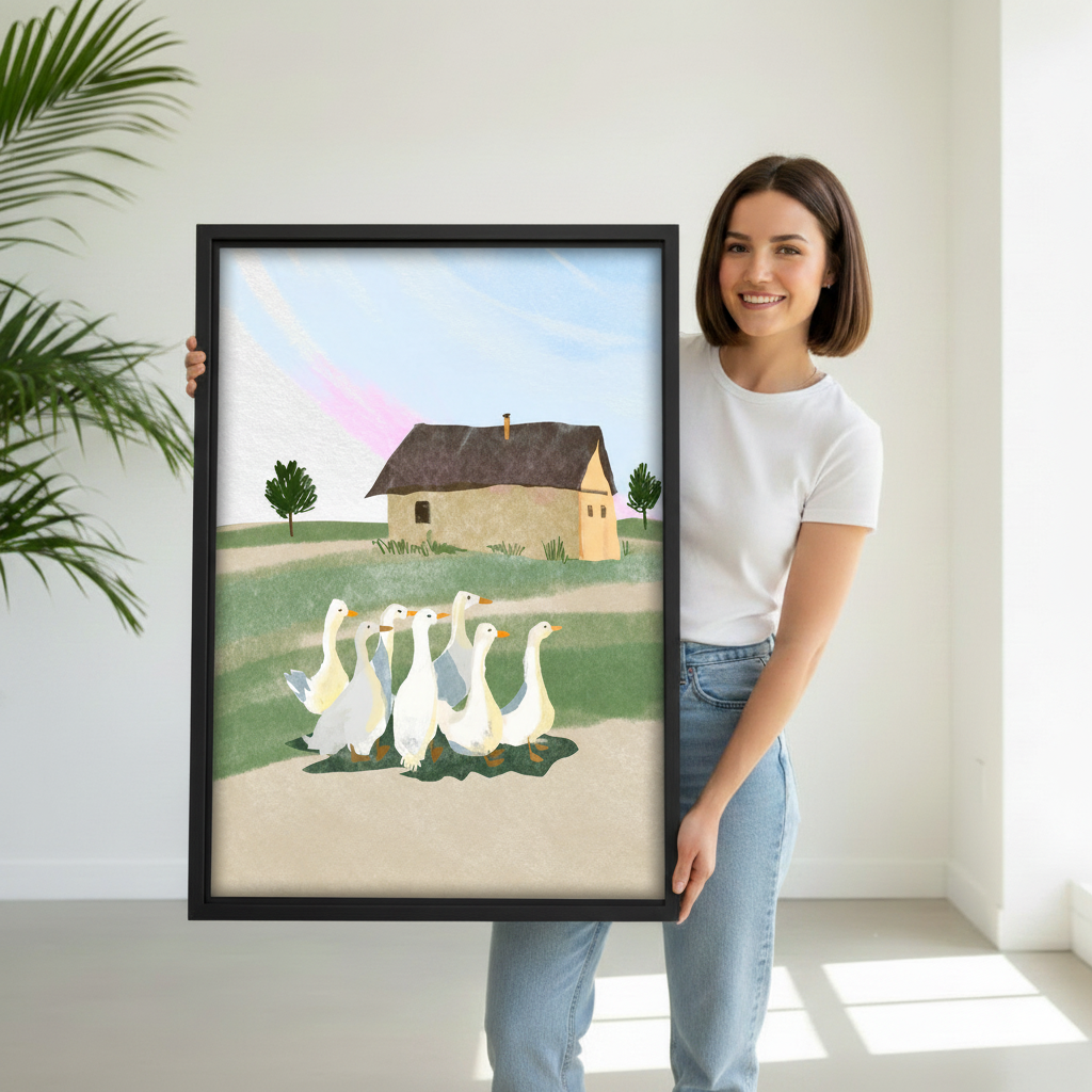 Person holding whimsical farmhouse geese black framed canvas print in a bright white room