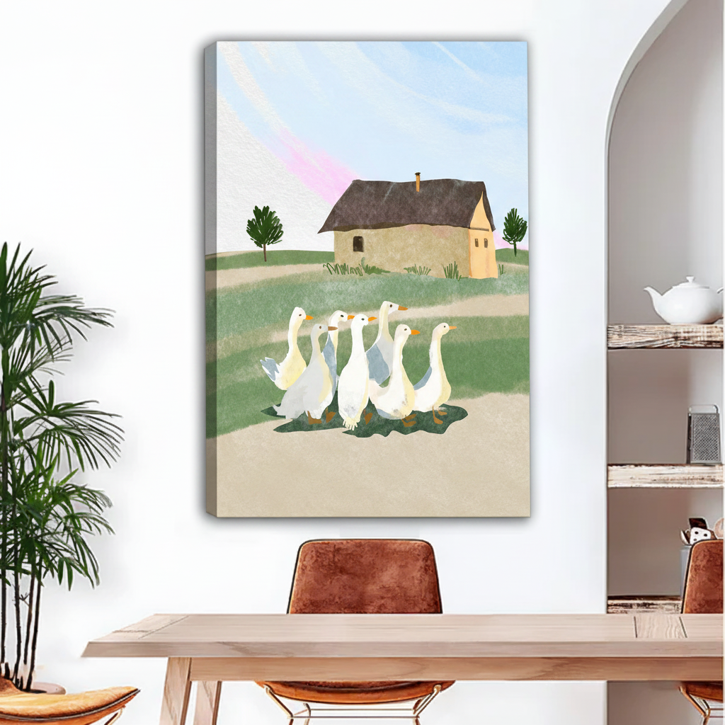 Frameless gallery wrap canvas of whimsical white geese farmhouse scene above a wooden console in a minimal entryway
