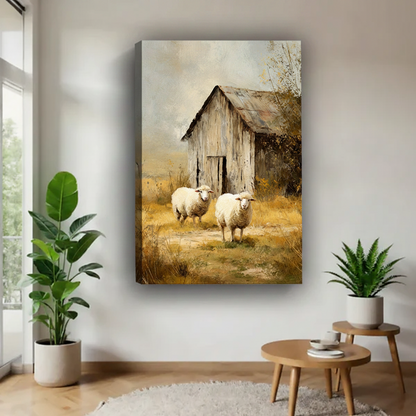 Gallery wrap canvas of two sheep and a rustic barn displayed on a white living room wall with botanical accents