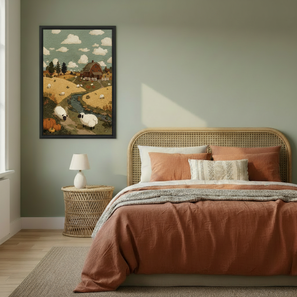 Farmhouse sheep canvas wall art above a cozy bed in a warm neutral bedroom