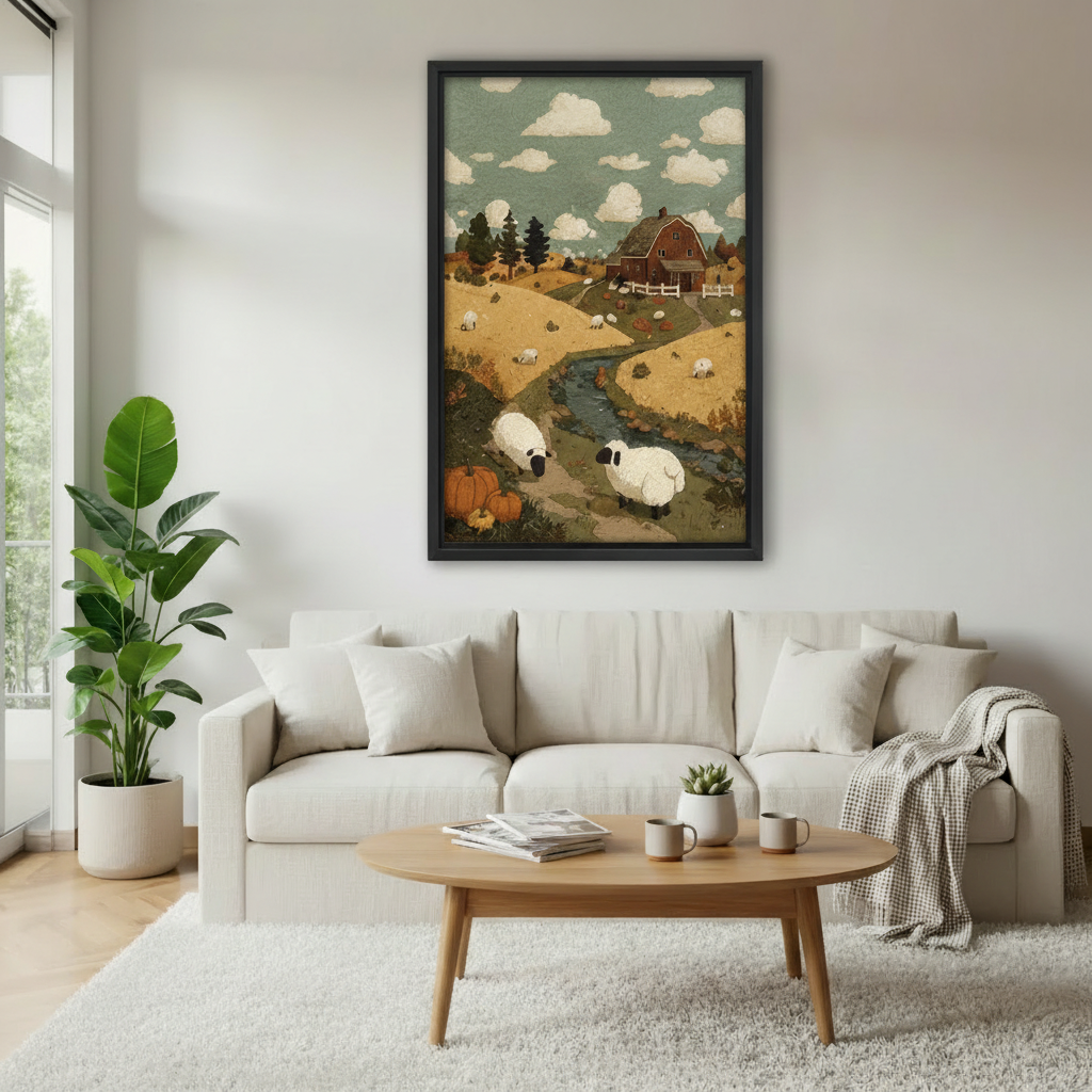 Farmhouse sheep canvas wall art above a cream sofa in a bright cozy living room