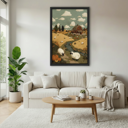 Farmhouse sheep canvas wall art above a cream sofa in a bright cozy living room