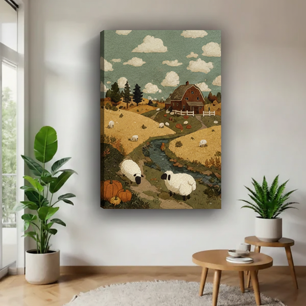 Farmhouse sheep canvas wall art styled between indoor plants in a modern living room