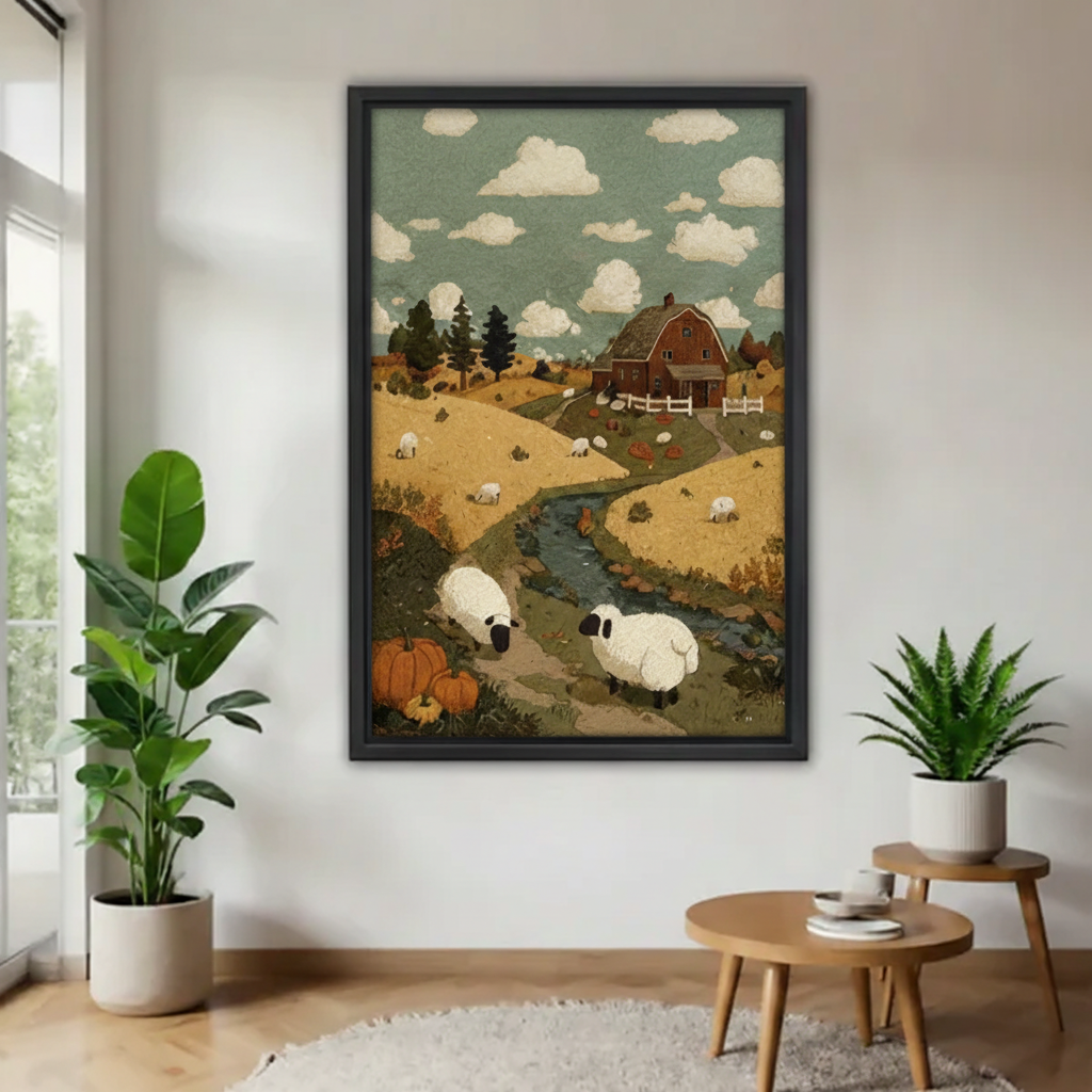 Framed farmhouse sheep canvas wall art displayed above plants in a sunlit living room