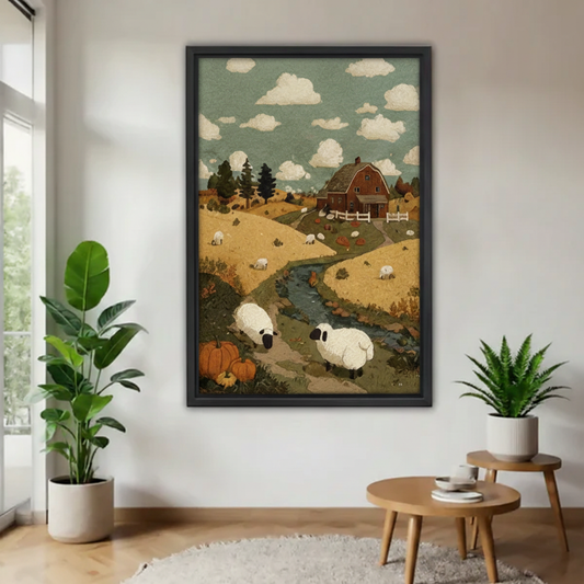 Framed farmhouse sheep canvas wall art displayed above plants in a sunlit living room
