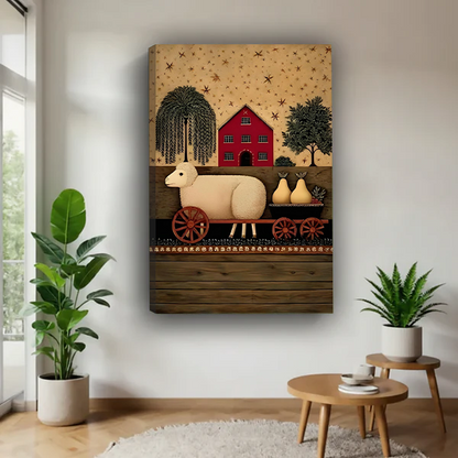 Farmhouse sheep canvas wall art framed above a cozy bed in a warm, softly lit bedroom