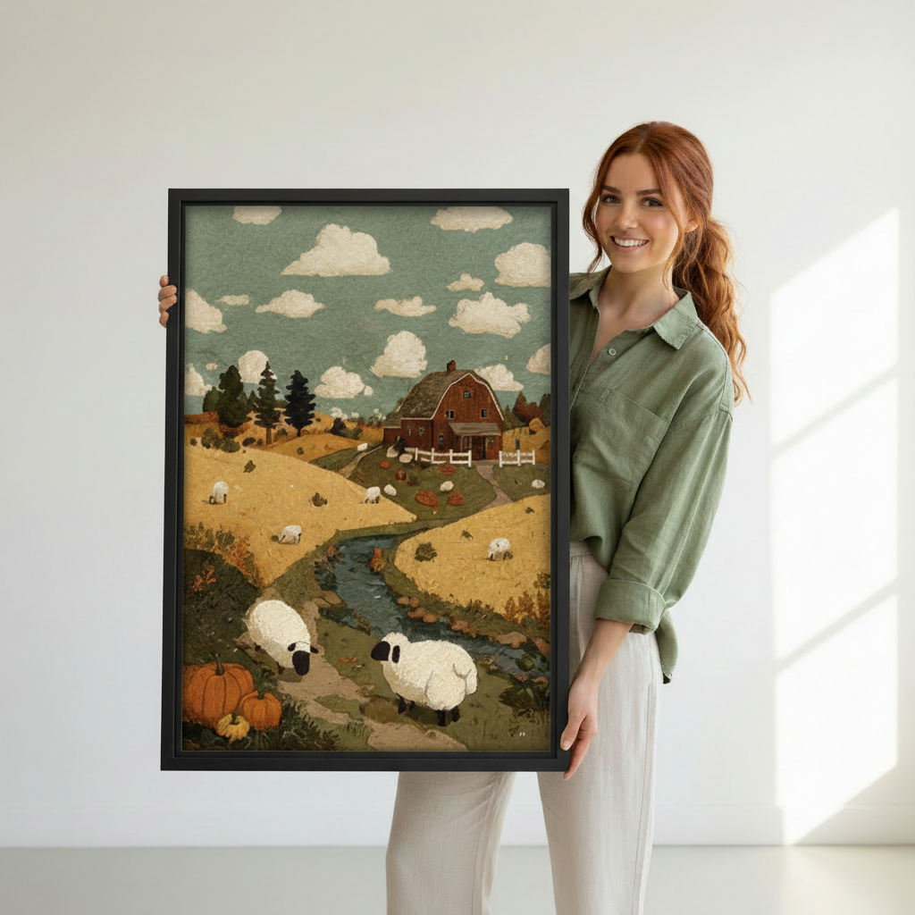 Woman holding framed farmhouse sheep canvas wall art in a bright modern room