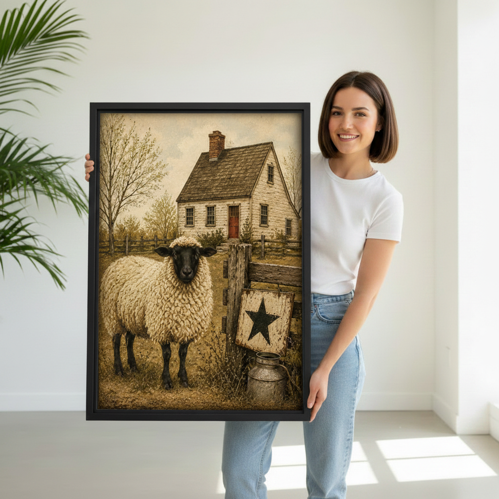 Woman holding large framed primitive folk art farmhouse sheep canvas print with rustic star and milk can