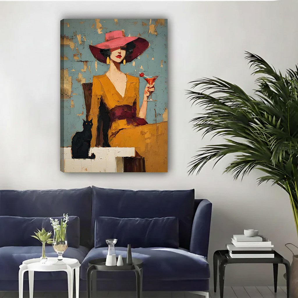 Fashion woman and black cat gallery-wrap canvas wall art displayed above a navy living room sofa.