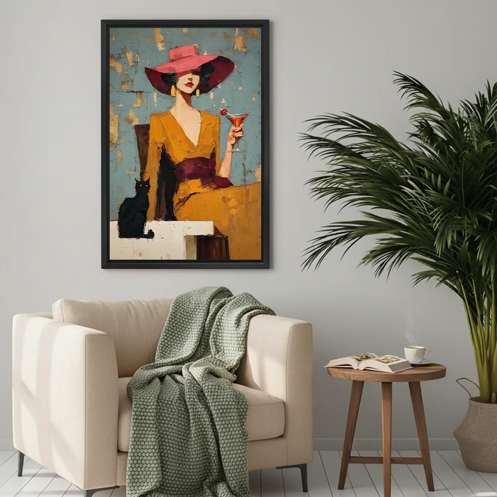 Framed fashion woman and black cat canvas wall art above a white desk in a modern office.