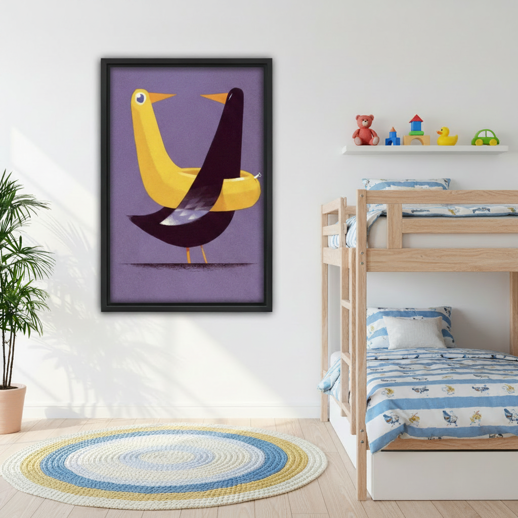 Mid-century modern bird framed poster art on bedroom wall above wooden headboard