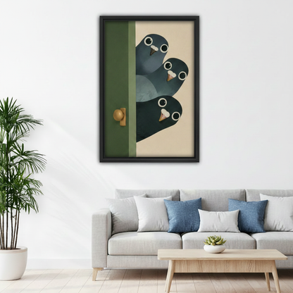 Three curious pigeons peeking door flat illustration framed canvas – eclectic dining room wall decor
