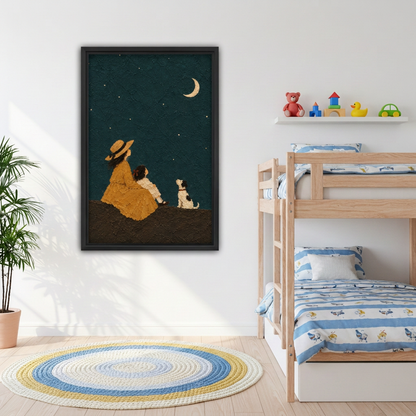 Folk Art Woman Child and Dog Under Moon Canvas Wall Art | Framed & Unframed l4933